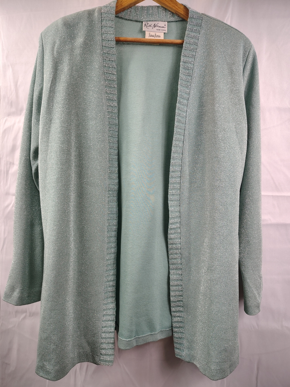 VTG Ruth Norman Neiman Marcus Open-front Cardigan Light Mint Sparkles Size M
